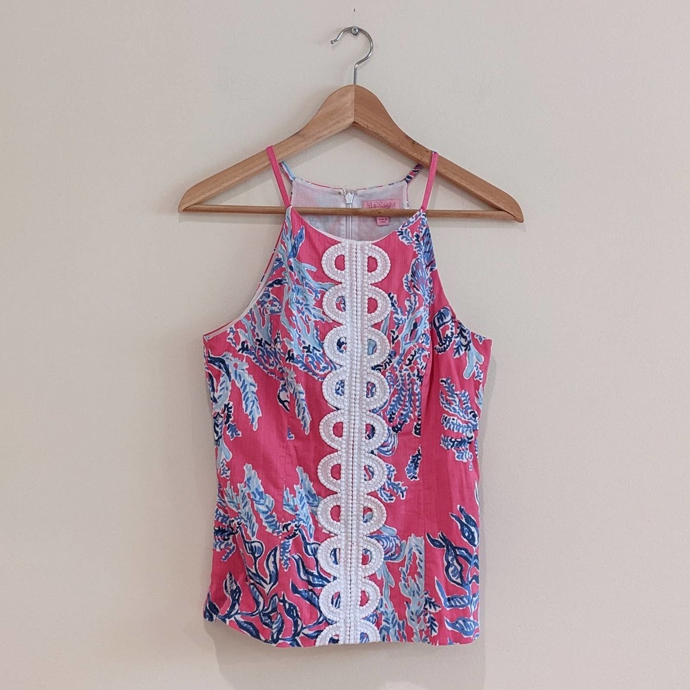 Lilly Pulitzer Annabelle Pink Tank Top Size 4 Pink Samba Embroidered